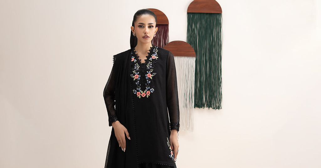3 Piece Embroidered Cotton Net Suit for Women – Black