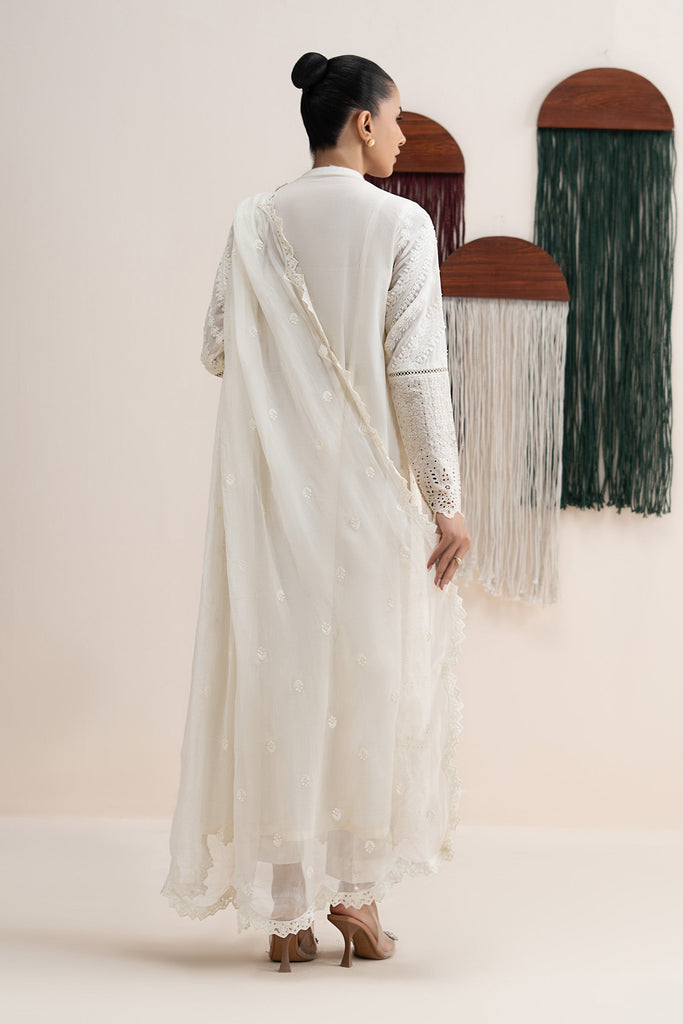 3 Piece Embroidered Lawn Suit with Band Collar – White