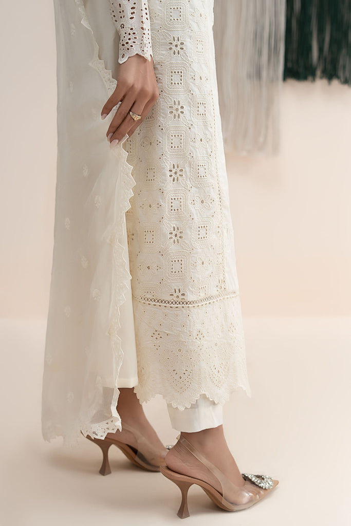 3 Piece Embroidered Lawn Suit with Band Collar – White