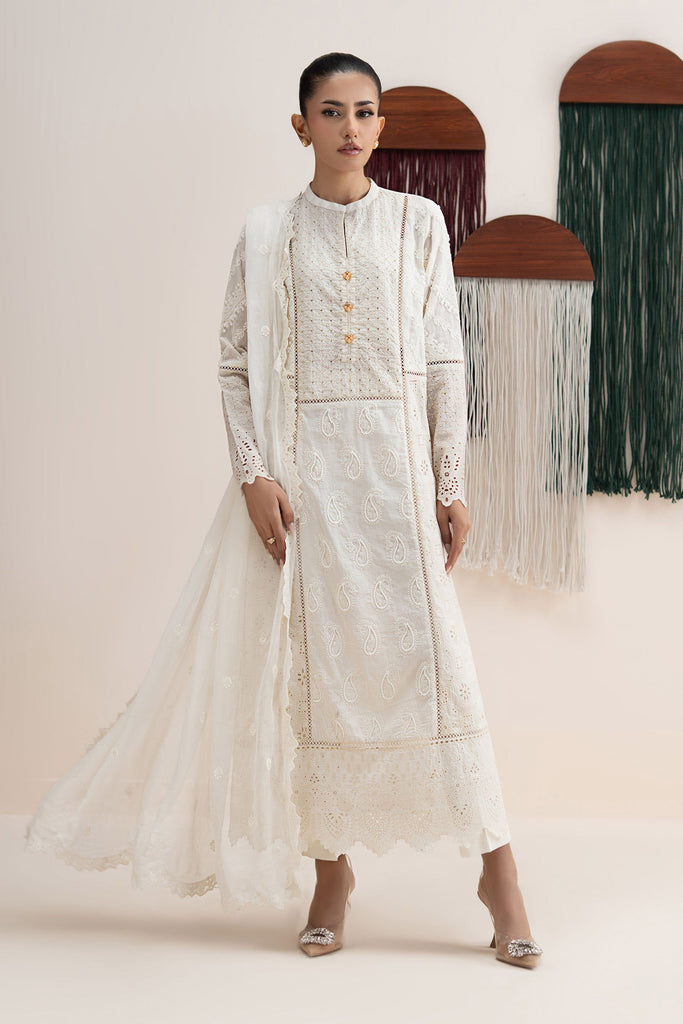 3 Piece Embroidered Lawn Suit with Band Collar – White