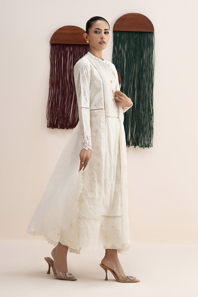 3 Piece Embroidered Lawn Suit with Band Collar – White