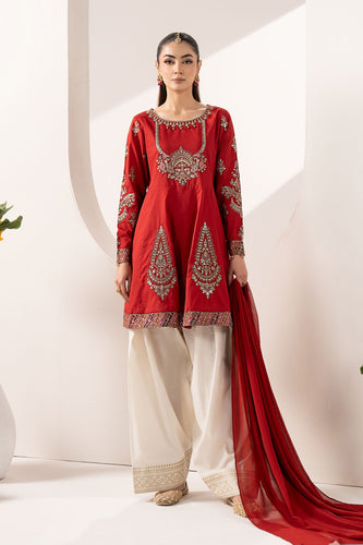 3 Piece Embroidered Dobby Lawn Frock Suit - Maroon