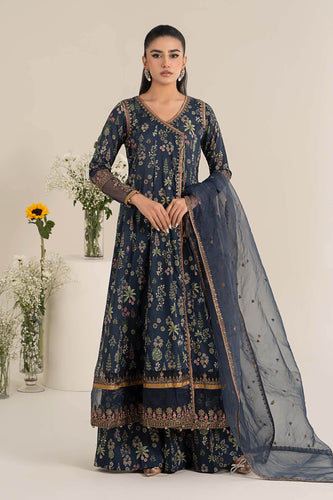 Printed Angrakha 3 Piece Embroidered Lawn Suit - Blue