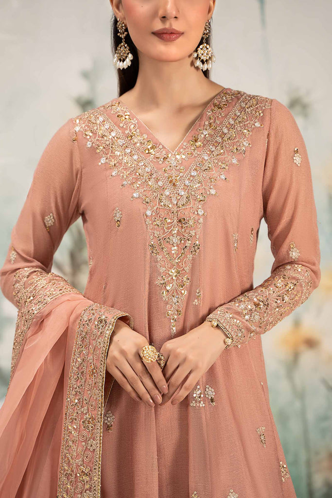 3 Piece Embroidered Cotton Net Suit for Women - Pink
