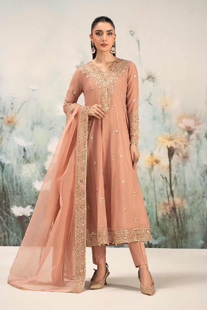 3 Piece Embroidered Cotton Net Suit for Women - Pink
