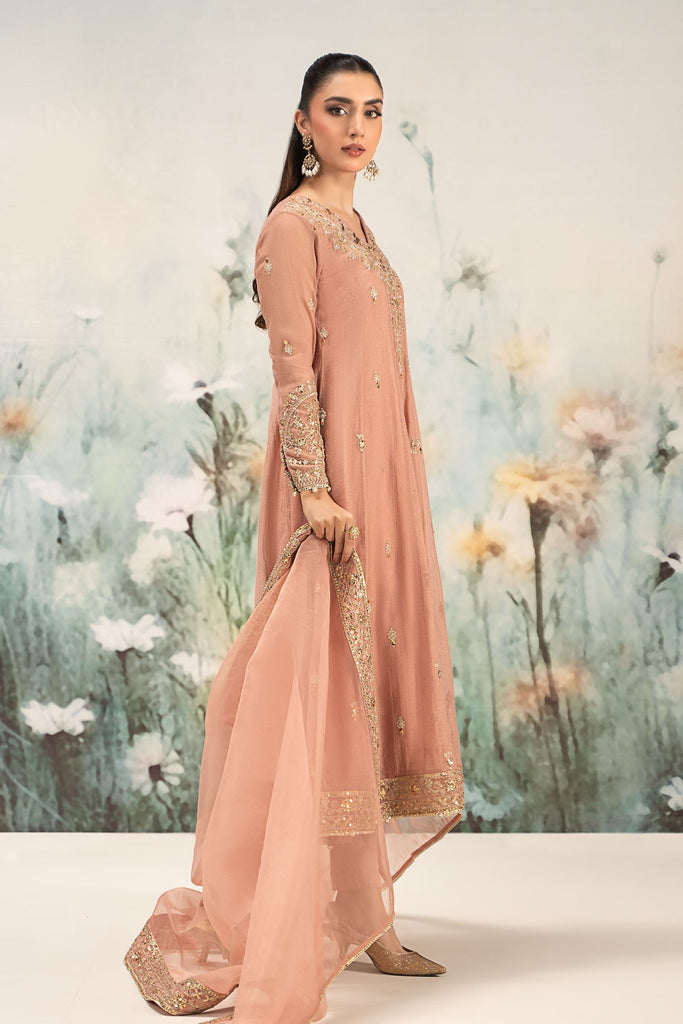 3 Piece Embroidered Cotton Net Suit for Women - Pink