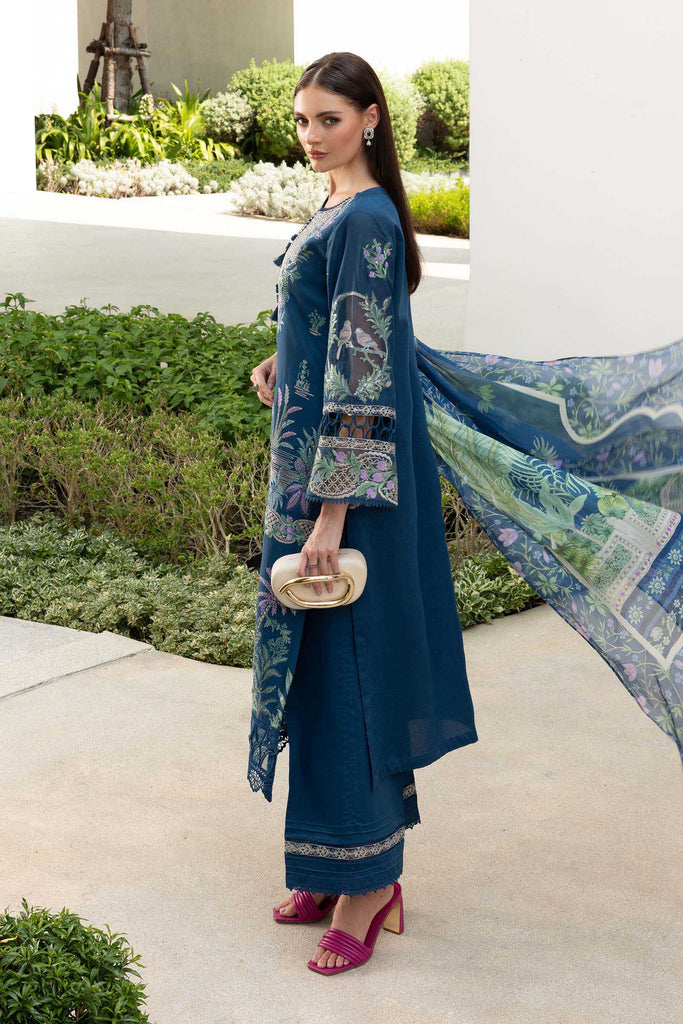 3 Piece Embroidered Front-Open Lawn Suit - Blue