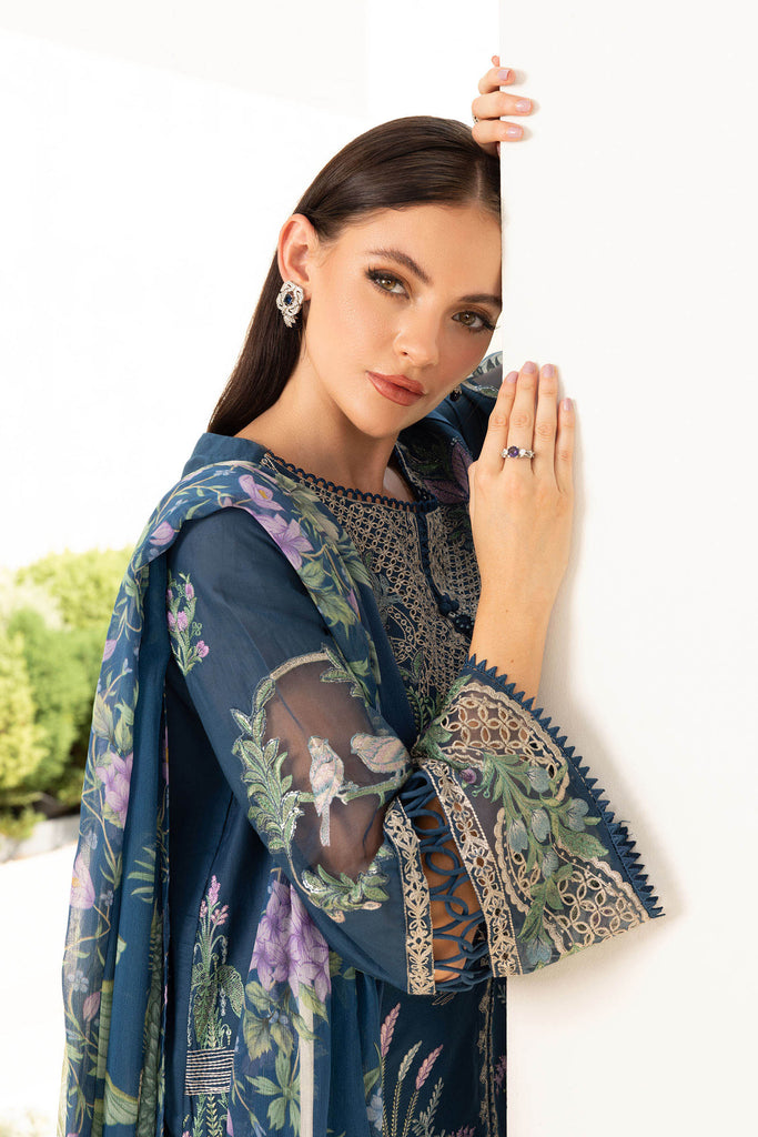3 Piece Embroidered Front-Open Lawn Suit - Blue