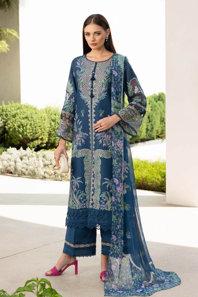 3 Piece Embroidered Front-Open Lawn Suit - Blue
