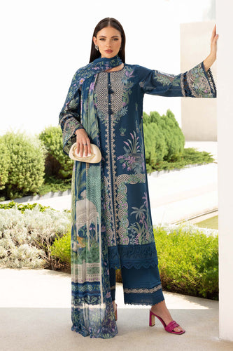 3 Piece Embroidered Front-Open Lawn Suit - Blue