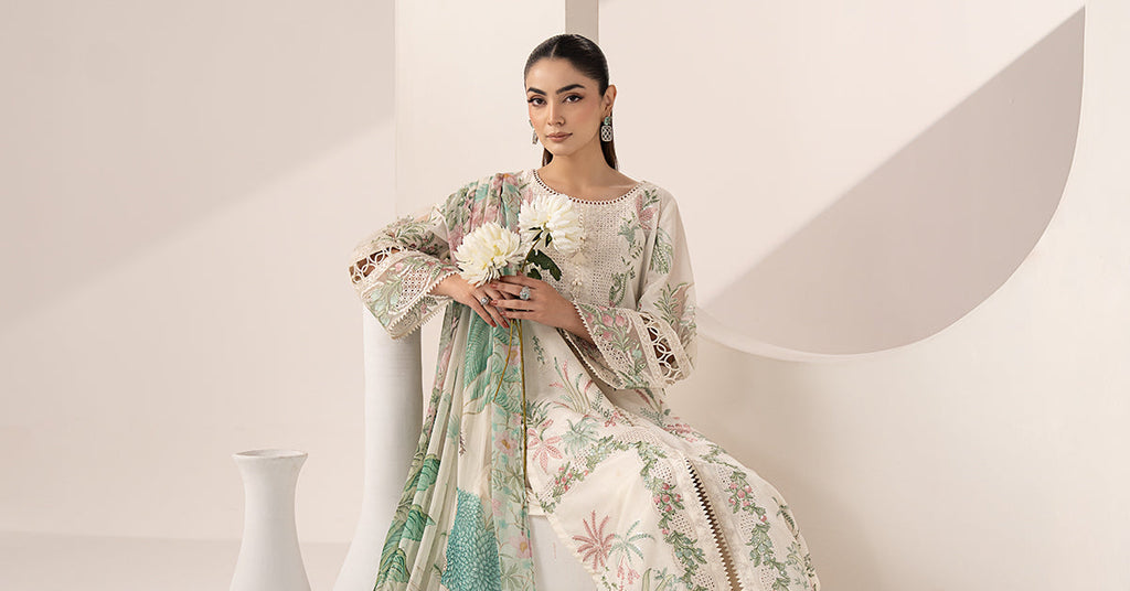 3 Piece Embroidered Lawn Suit for Women - Off-White