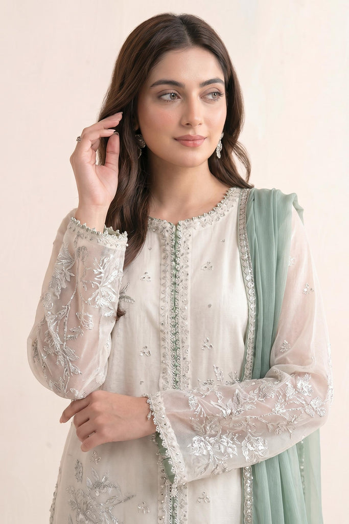 Cotton Net 3 Piece Embroidered Suit for Women – White