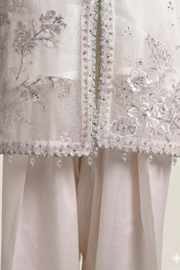 Cotton Net 3 Piece Embroidered Suit for Women – White