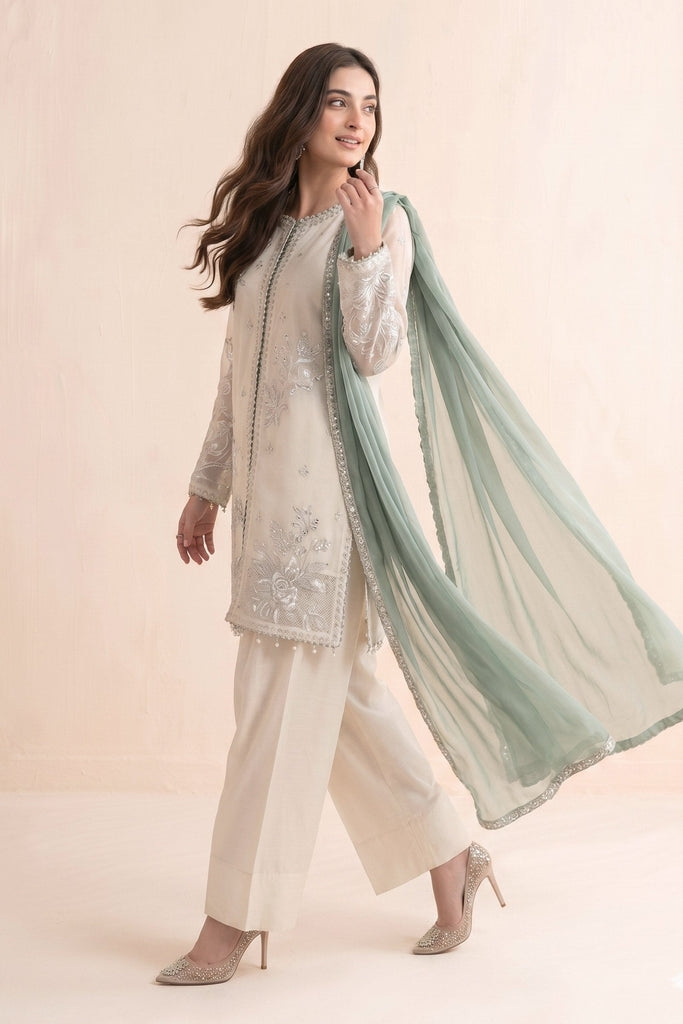 Cotton Net 3 Piece Embroidered Suit for Women – White