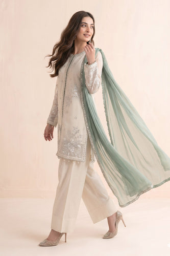Cotton Net 3 Piece Embroidered Suit for Women – White