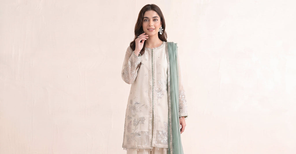 Cotton Net 3 Piece Embroidered Suit for Women – White