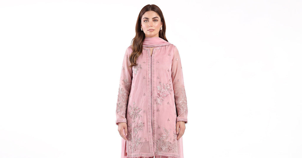 Maria.B 3 Piece Embroidered Cotton Net Suit – Pink