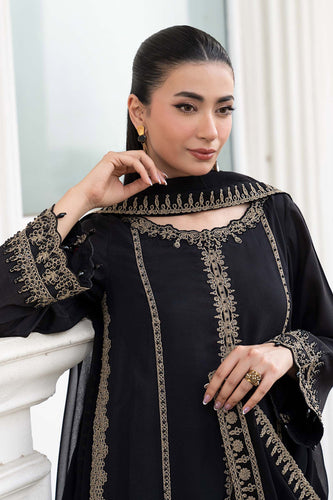 Maria.B 3 Piece Embroidered Raw Silk Suit - Black