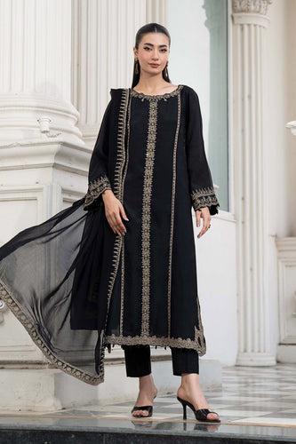 Maria.B 3 Piece Embroidered Raw Silk Suit - Black