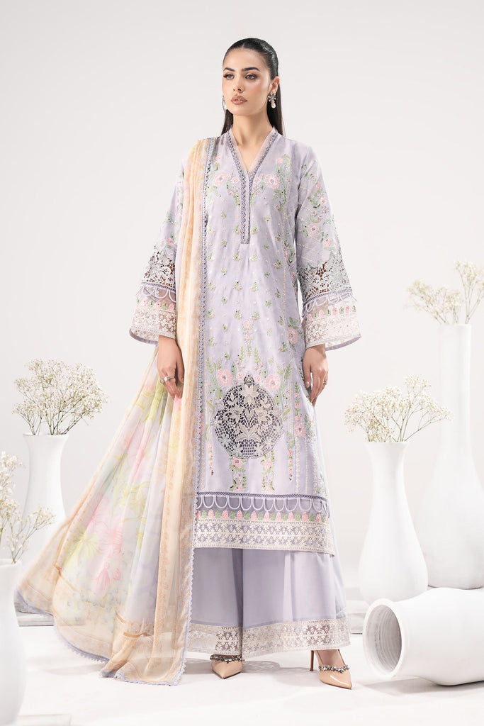 Dobby Lawn 3 Piece Embroidered Suit for Women - Blue