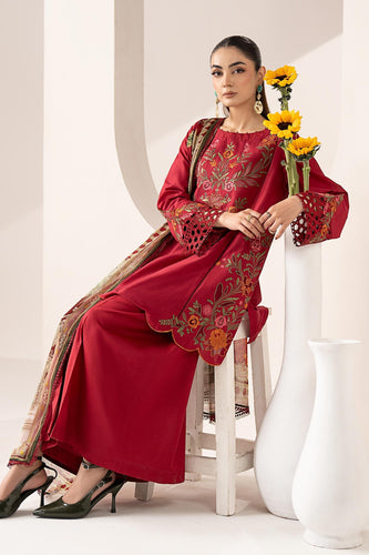 Red 3 Piece Embroidered Lawn Suit with Dhaka Trouser