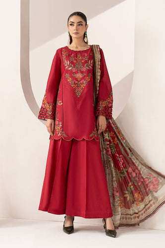 Red 3 Piece Embroidered Lawn Suit with Dhaka Trouser