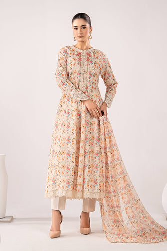 Beige 3 Piece Embroidered Lawn Suit for Women