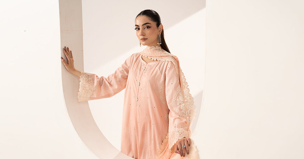 3 Piece Embroidered Dobby Lawn Suit for Women – Pink