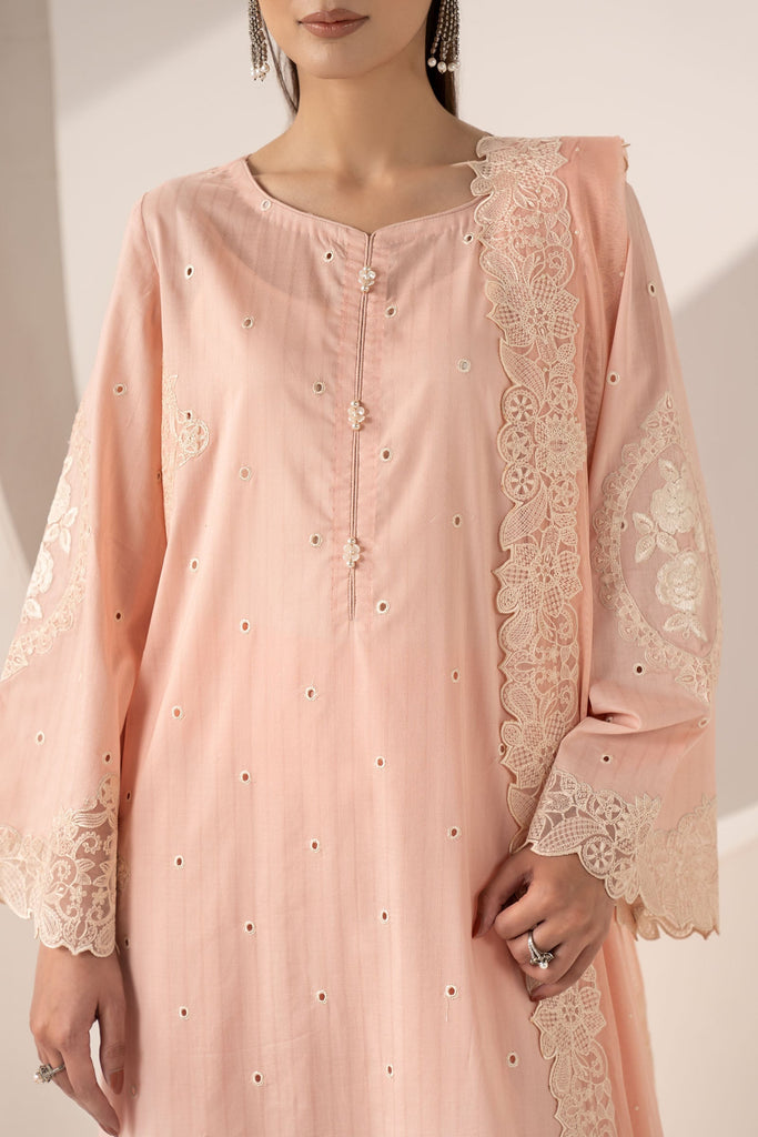 3 Piece Embroidered Dobby Lawn Suit for Women – Pink