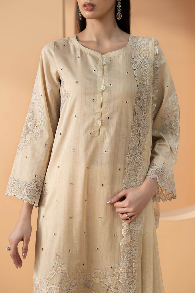 Dobby Lawn Suit with Diamantes Embellished Dupatta - Beige