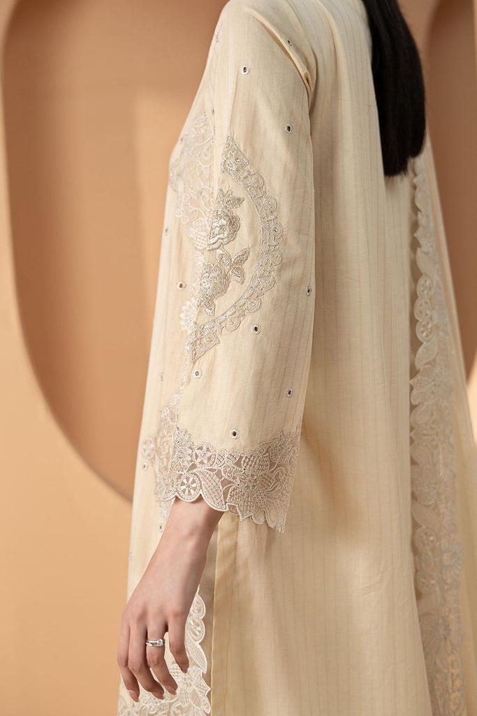 Dobby Lawn Suit with Diamantes Embellished Dupatta - Beige