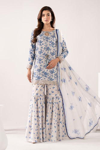 Printed Embroidered Lawn Suit with Gharara - Blue