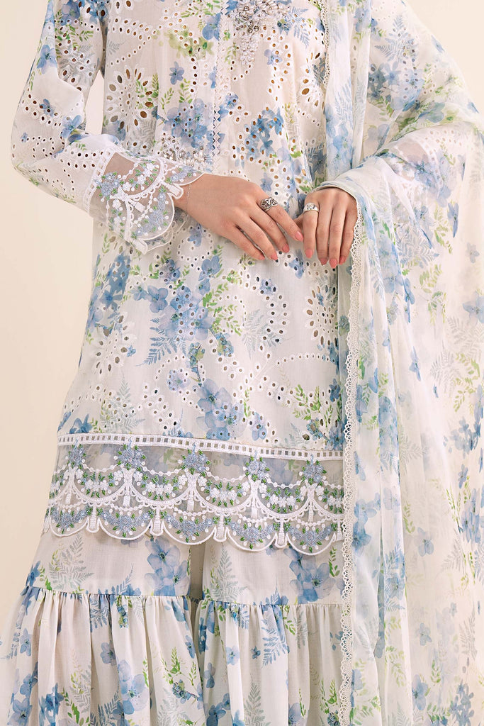 White 3 Piece Embroidered Lawn Gharara Suit for Women