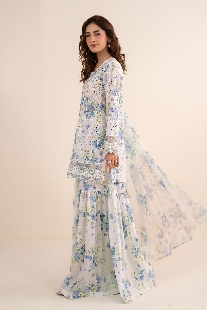 White 3 Piece Embroidered Lawn Gharara Suit for Women