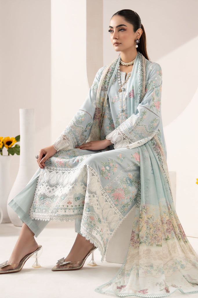 3 Piece Embroidered Paper Silk Suit for Women - Blue