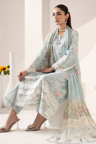 3 Piece Embroidered Paper Silk Suit for Women - Blue