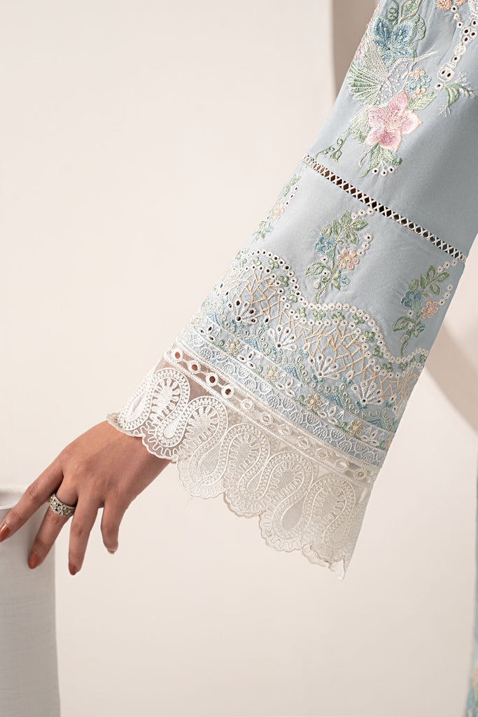 3 Piece Embroidered Paper Silk Suit for Women - Blue