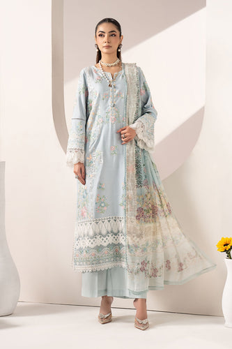3 Piece Embroidered Paper Silk Suit for Women - Blue