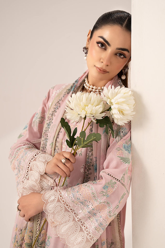 3 Piece Embroidered Paper Silk Suit in Pink