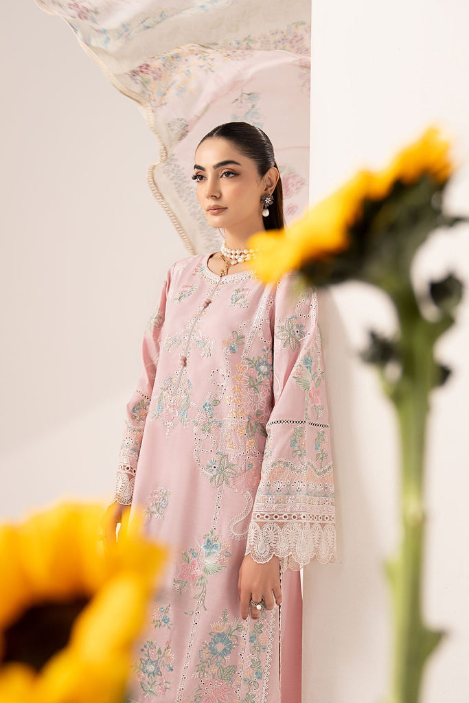 3 Piece Embroidered Paper Silk Suit in Pink