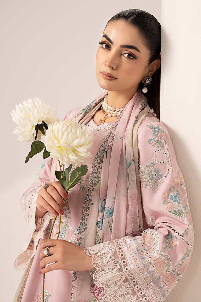 3 Piece Embroidered Paper Silk Suit in Pink