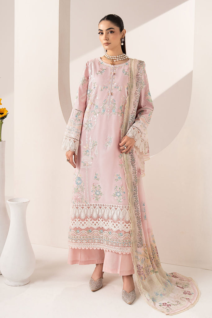 3 Piece Embroidered Paper Silk Suit in Pink