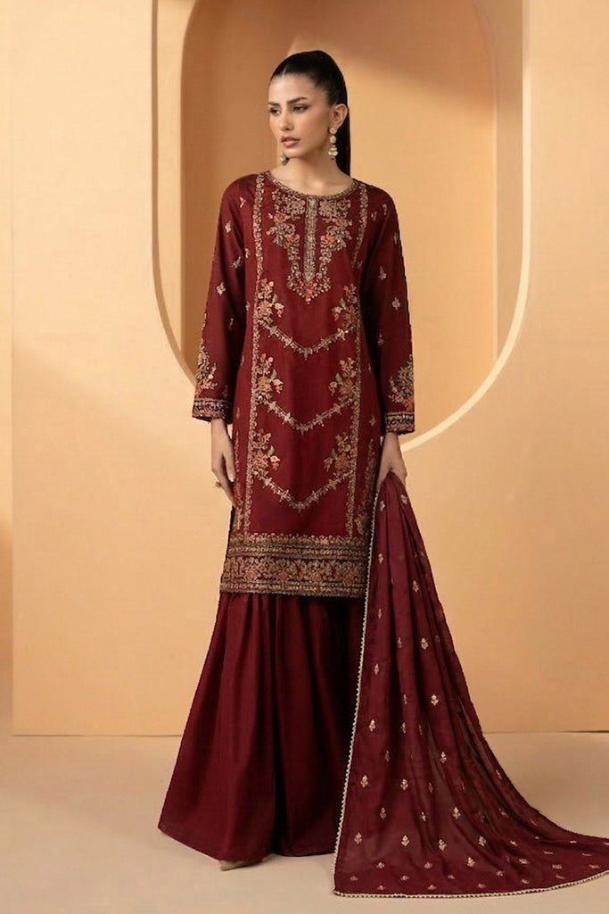 Maria.B Maroon Double Warp Silk 3 Piece Suit