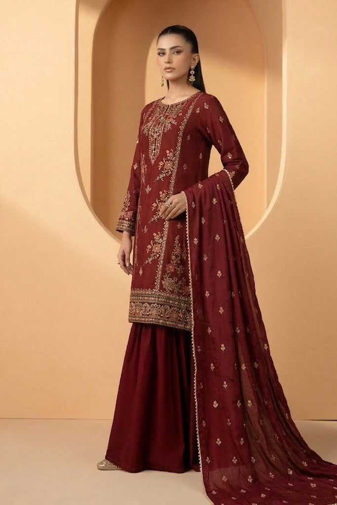 Maria.B Maroon Double Warp Silk 3 Piece Suit