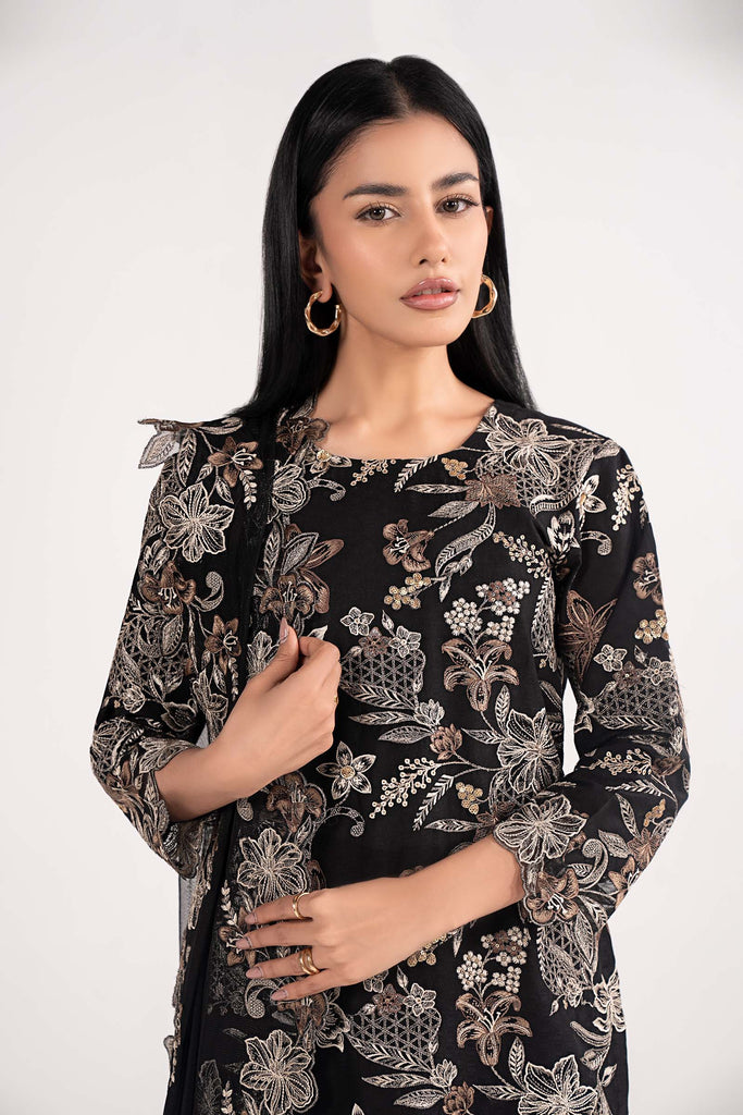 3 Piece Dobby Lawn Suit with Culottes and Net Dupatta - Black