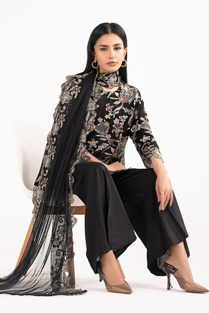 3 Piece Dobby Lawn Suit with Culottes and Net Dupatta - Black