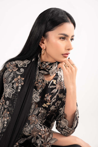 3 Piece Dobby Lawn Suit with Culottes and Net Dupatta - Black