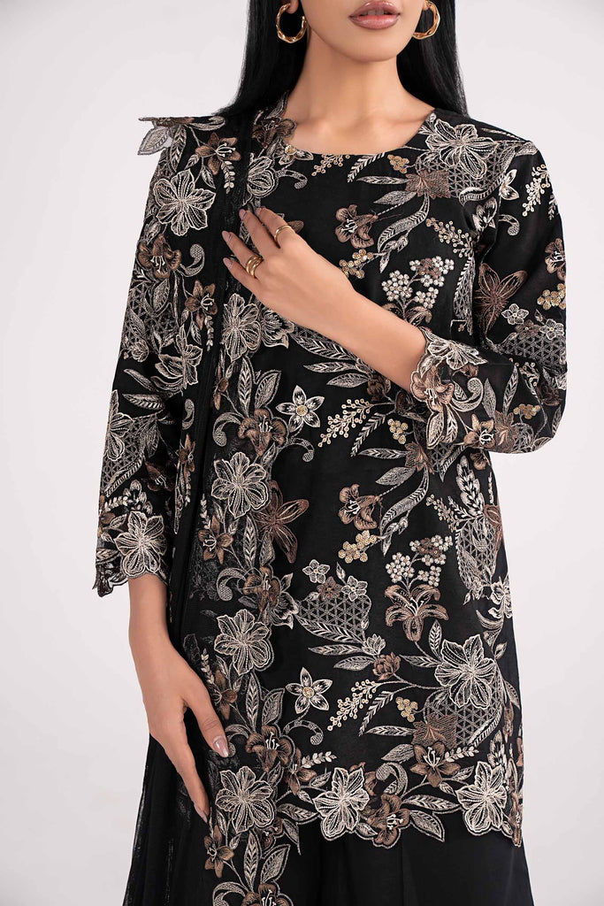 3 Piece Dobby Lawn Suit with Culottes and Net Dupatta - Black