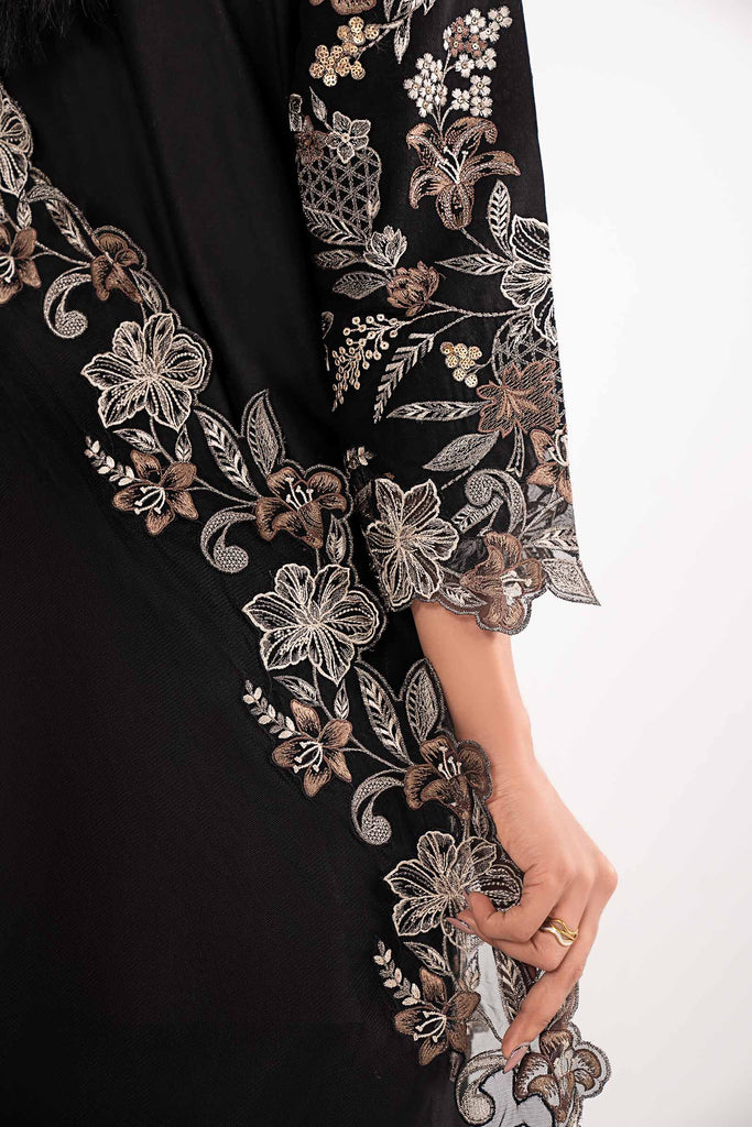 3 Piece Dobby Lawn Suit with Culottes and Net Dupatta - Black