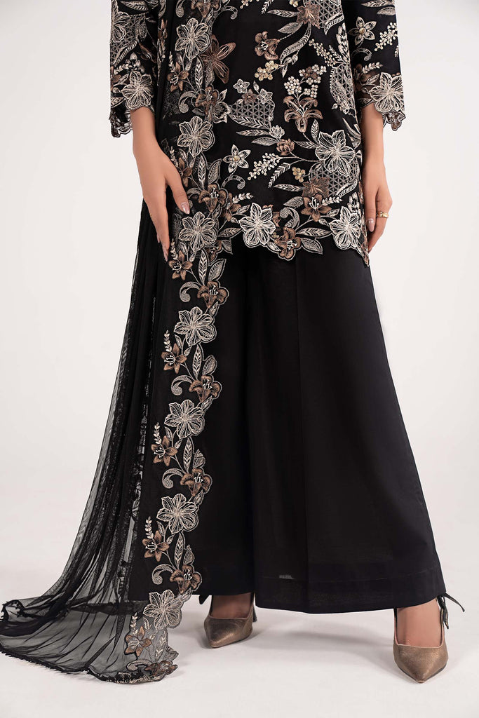 3 Piece Dobby Lawn Suit with Culottes and Net Dupatta - Black